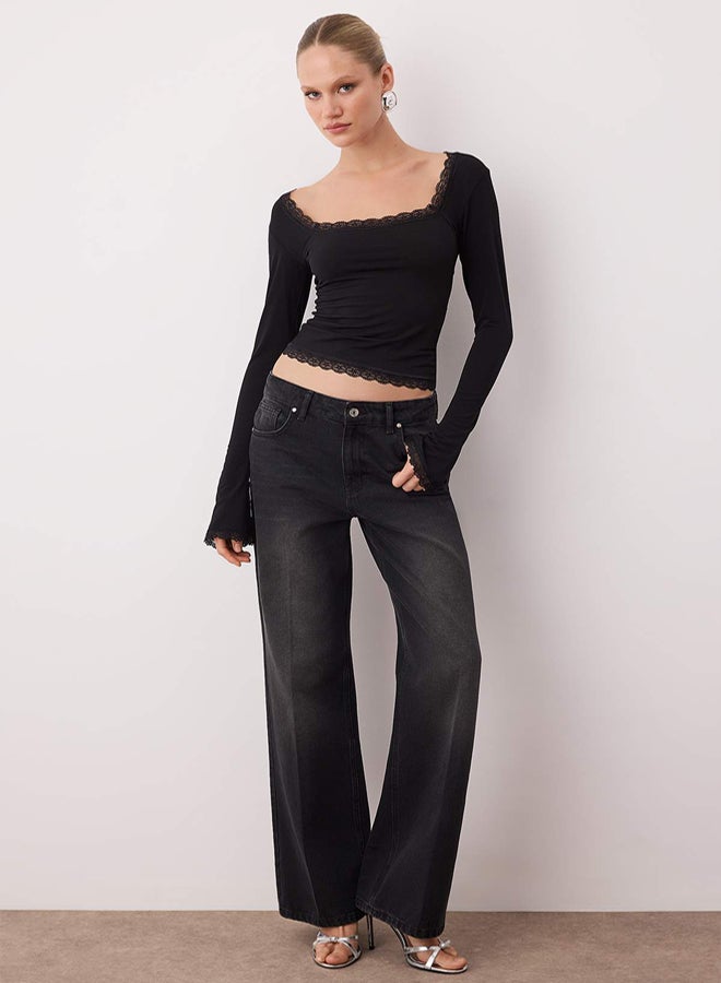 trendyol Black Lace Detailed Square Neck Knitted Party Blouse - Image 2