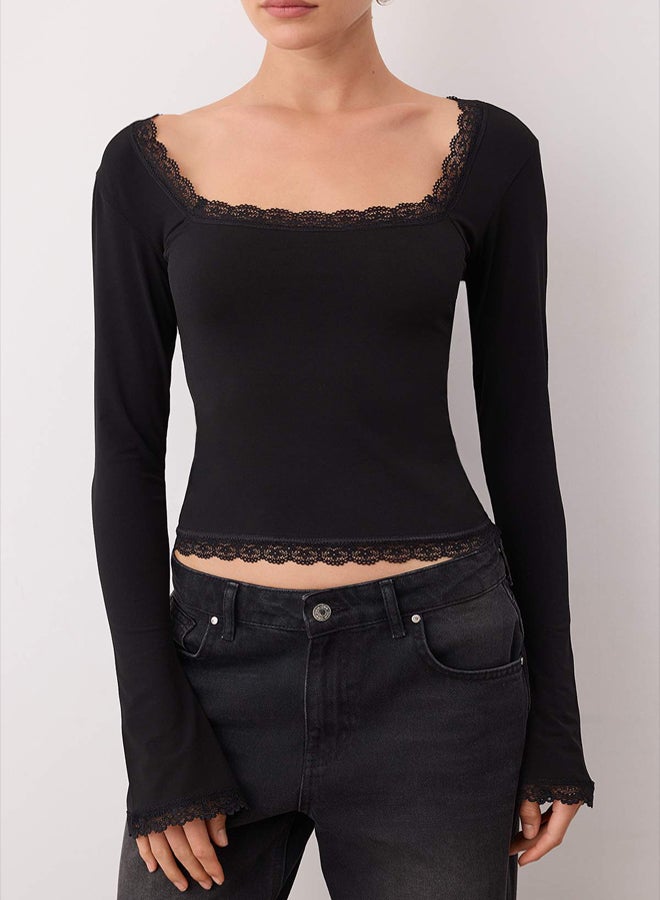 trendyol Black Lace Detailed Square Neck Knitted Party Blouse - Image 3