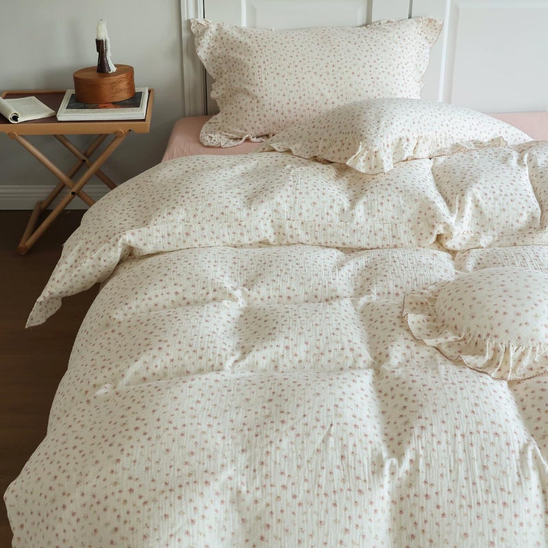 Bulutu Girls Duvet Cover Twin Kids Comforter Cover Pink Floral Print Quilt Cover Ruffled Bedding Decor  Pure Cotton Gauze Duvet Cover For All Seasons  Soft Lightweight Breathable  Machine Washable - Image 3