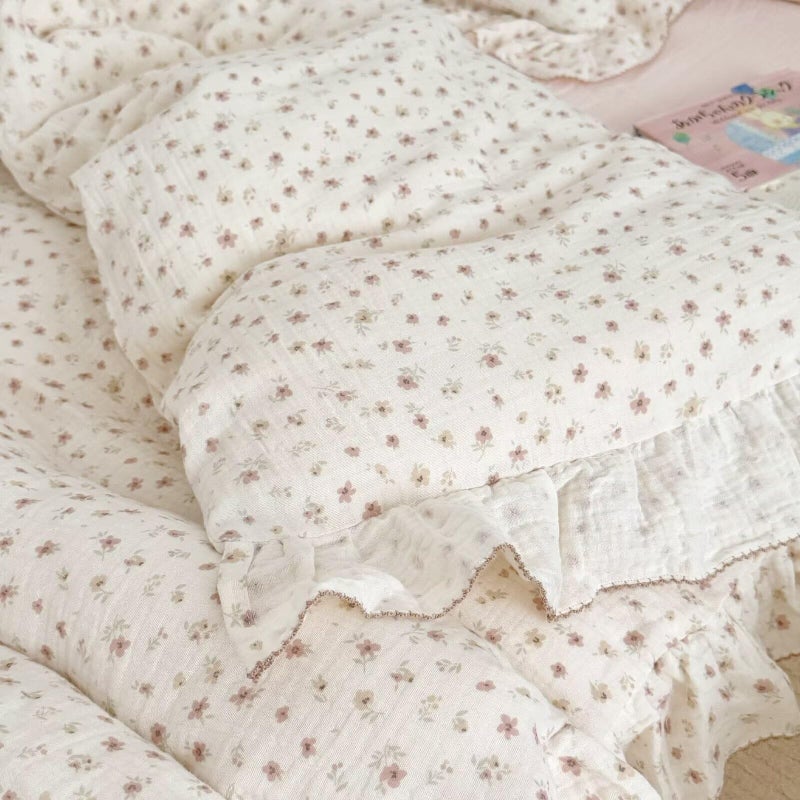 Bulutu Girls Duvet Cover Twin Kids Comforter Cover Pink Floral Print Quilt Cover Ruffled Bedding Decor  Pure Cotton Gauze Duvet Cover For All Seasons  Soft Lightweight Breathable  Machine Washable - Image 5