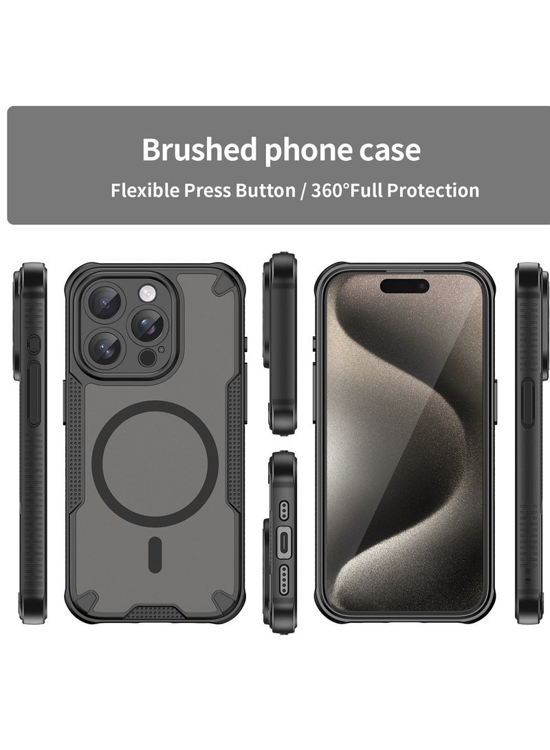 غطاء الحالة المغناطيسية لـ iPhone 15 Pro 5G ، درع من فرشاة مريحة زيت مقاوم للماء TPU + PC ناعم شبه شفاف ماتي يشعر الهواتف الخلوية الحماية الظهر الحالة لـ iPhone 15 Pro 5G ، أسود - Image 2