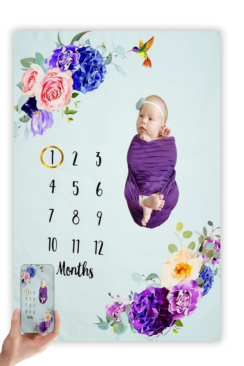 Hoolloomooloo Monthly Milestone Blanket Floral Humming Bird Design 112 Months UltraSoft SkinFriendly Ideal for Newborn Boys Girls Perfect Baby Growth Tracker Photoshoot Prop