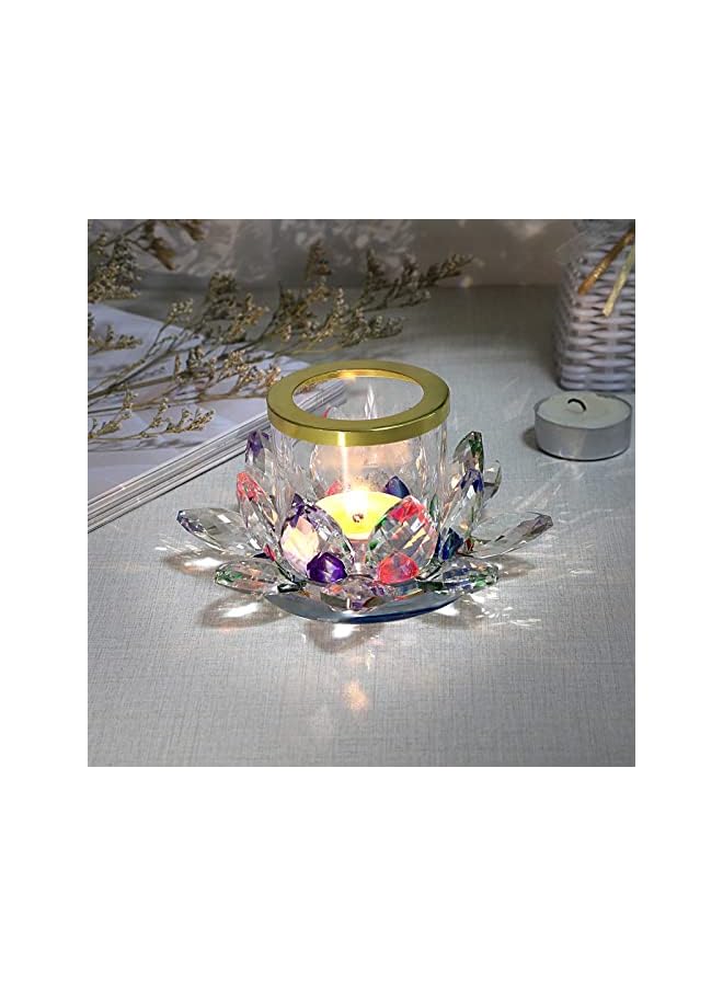 The Bros Colorful Crystal Lotus Tealight Candle Holder Votive Candle Stand with Glass Cover, Glass Lotus Petal Tea Light Holder Lotus Flower Pillar Candle Lamp Candle Centerpiece for Dining Table Altar Diwali  - Image 2