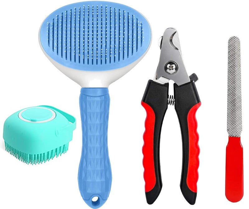 Sandra 4 Pcs Pet Grooming Kit Self Cleaning Slicker Shedding Brush Nail Clipper Nail File Soft Silicone Bath Brush for Long & Short Haired Dogs & Cats, Bathing, Shower, Tick Removal & Fur Grooming Tools - Image 1