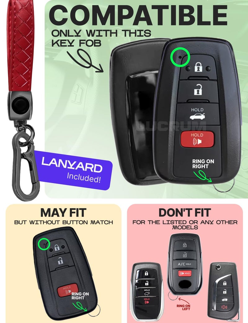 Lucrum Compatible with Toyota Key Fob Cover & Leather Keychain, Keyfob Case for Avalon Camry Corolla Prius RAV4 Highlander C-HR, For 4 Button Remote (2019-2024) - Red and Black - Image 2