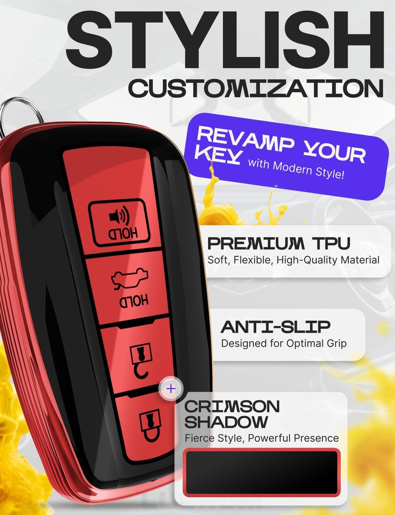 Lucrum Compatible with Toyota Key Fob Cover & Leather Keychain, Keyfob Case for Avalon Camry Corolla Prius RAV4 Highlander C-HR, For 4 Button Remote (2019-2024) - Red and Black - Image 3