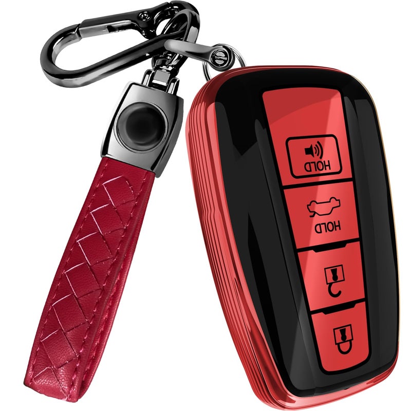 Lucrum Compatible with Toyota Key Fob Cover & Leather Keychain, Keyfob Case for Avalon Camry Corolla Prius RAV4 Highlander C-HR, For 4 Button Remote (2019-2024) - Red and Black - Image 1