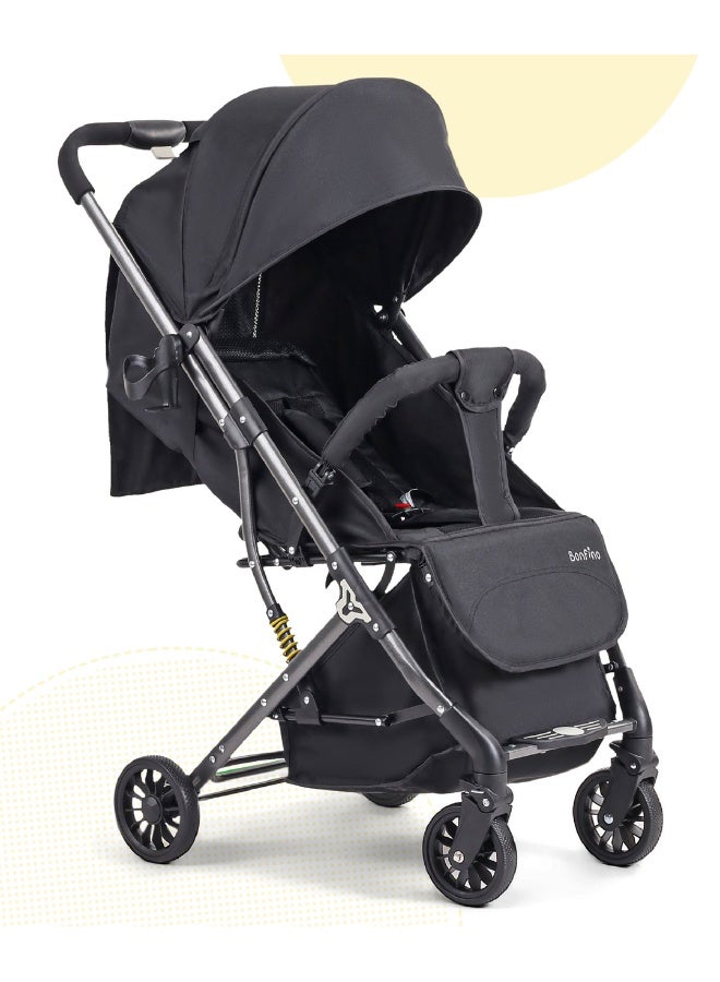 Bonfino عربة أطفال بونفينو بريز لايت مع قماش الكتان، عجلات دوارة ومقود قابل للعكس - أسود - Image 1