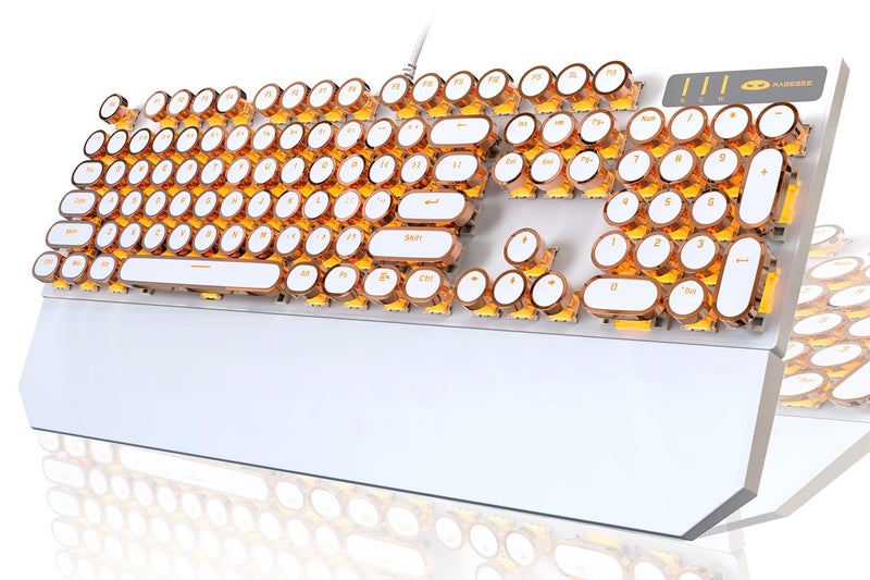 Camiysn Typewriter Style Mechanical Keyboard, Retro Punk Gaming Keyboard with Gold LED Backlit, Cute Wired Keyboards,104 Keys Full Size Keyboards, Uique Round Keycaps for Windows/Mac/PC(White&Gold) - Image 1