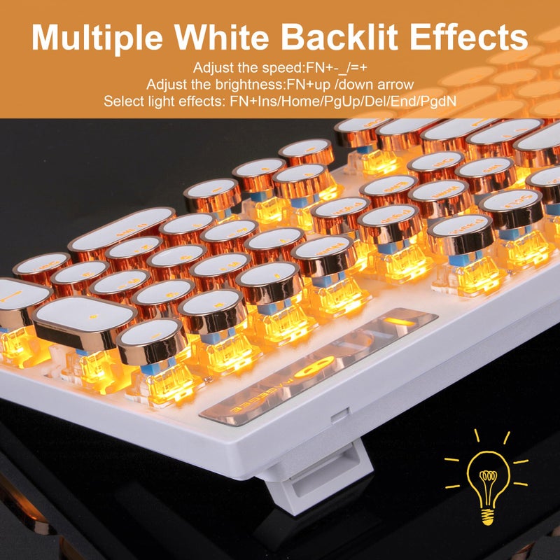 Camiysn Typewriter Style Mechanical Keyboard, Retro Punk Gaming Keyboard with Gold LED Backlit, Cute Wired Keyboards,104 Keys Full Size Keyboards, Uique Round Keycaps for Windows/Mac/PC(White&Gold) - Image 4