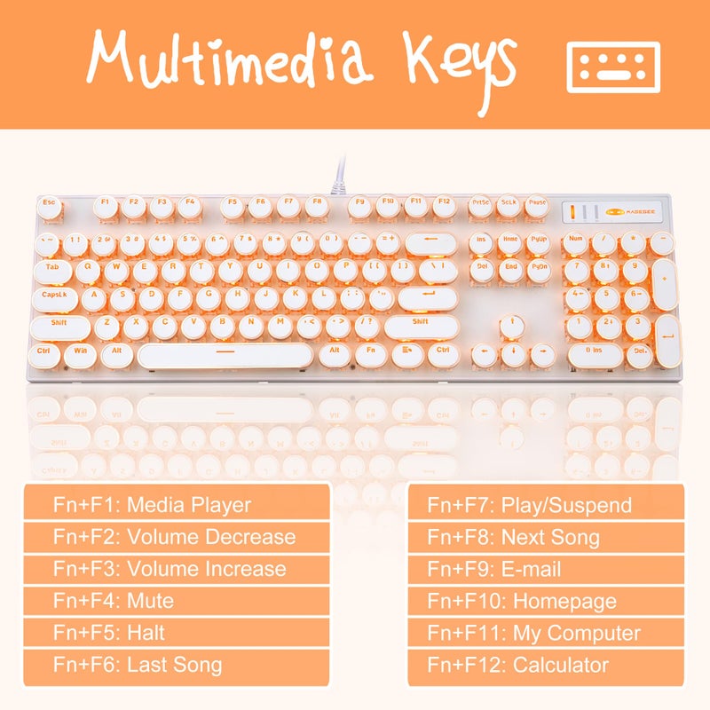 Camiysn Typewriter Style Mechanical Keyboard, Retro Punk Gaming Keyboard with Gold LED Backlit, Cute Wired Keyboards,104 Keys Full Size Keyboards, Uique Round Keycaps for Windows/Mac/PC(White&Gold) - Image 2