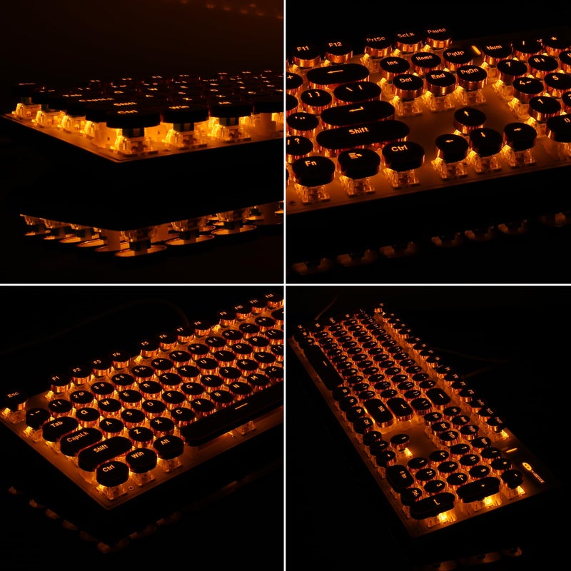 Camiysn Typewriter Style Mechanical Keyboard, Retro Punk Gaming Keyboard with Gold LED Backlit, Cute Wired Keyboards,104 Keys Full Size Keyboards, Uique Round Keycaps for Windows/Mac/PC(White&Gold) - Image 3