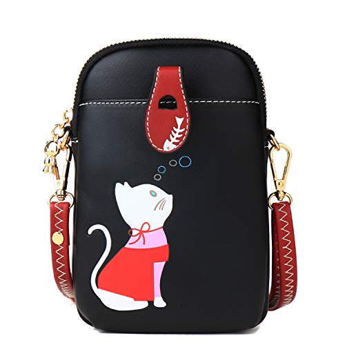 Sunshinejing Small Crossbody Phone Bag for Women Leather Cute Cat Cellphone Purse Shoulder Bags PU Wallet (Black) - Image 1