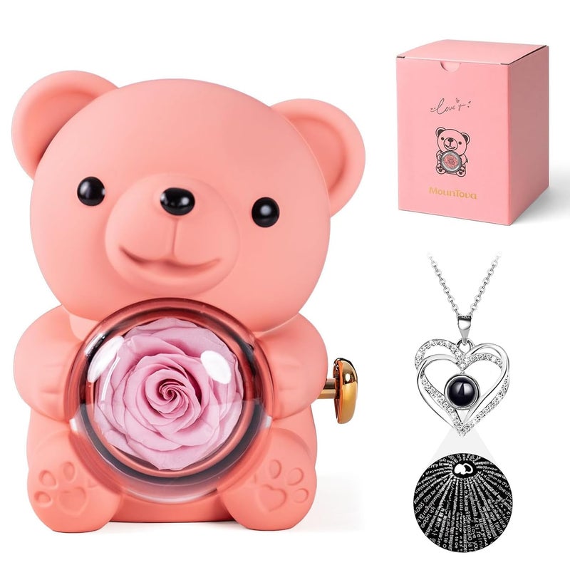 HITOP Rose Gifts for Women - Cute Teddy Bear with Preserved Real Roses Forever Flowers and I Love You in 100 Languages Necklace for Girlfriend Her Wife Mom Grandma on Birthdays, Anniversaries - Image 1