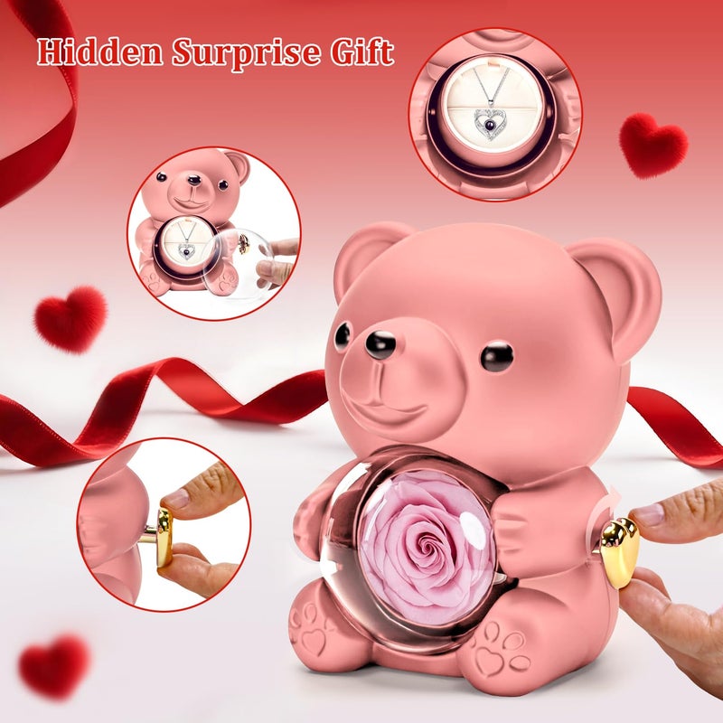 HITOP Rose Gifts for Women - Cute Teddy Bear with Preserved Real Roses Forever Flowers and I Love You in 100 Languages Necklace for Girlfriend Her Wife Mom Grandma on Birthdays, Anniversaries - Image 2