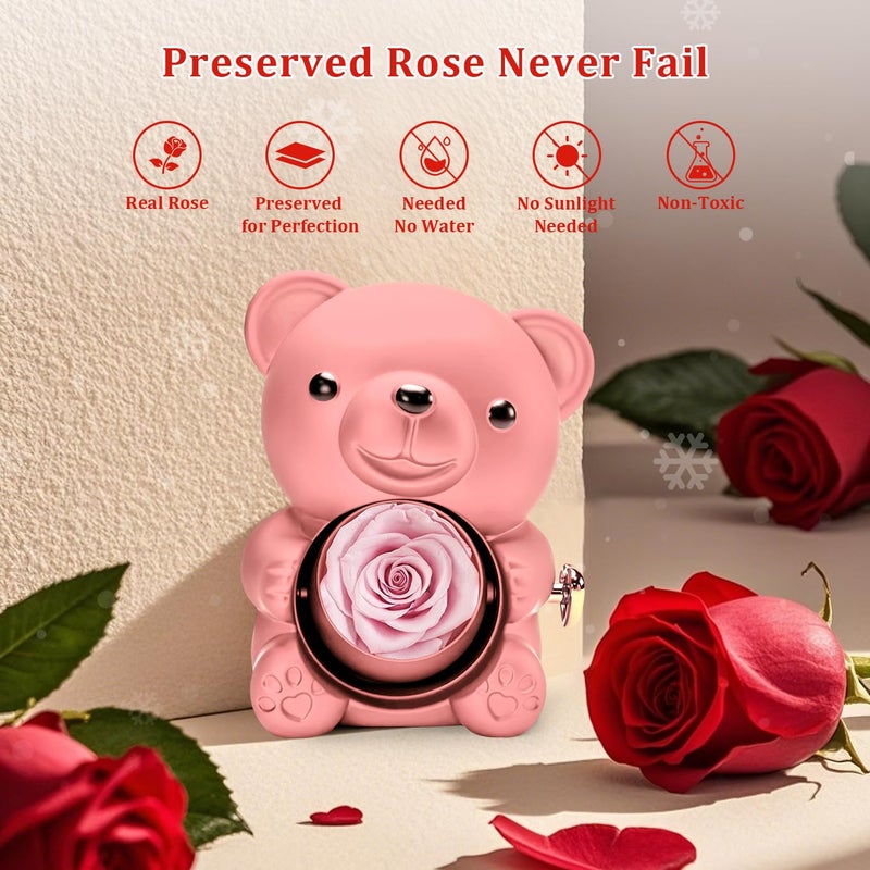 HITOP Rose Gifts for Women - Cute Teddy Bear with Preserved Real Roses Forever Flowers and I Love You in 100 Languages Necklace for Girlfriend Her Wife Mom Grandma on Birthdays, Anniversaries - Image 3
