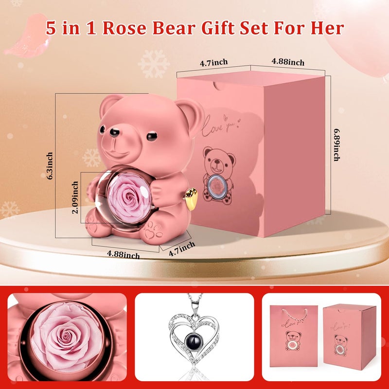 HITOP Rose Gifts for Women - Cute Teddy Bear with Preserved Real Roses Forever Flowers and I Love You in 100 Languages Necklace for Girlfriend Her Wife Mom Grandma on Birthdays, Anniversaries - Image 5