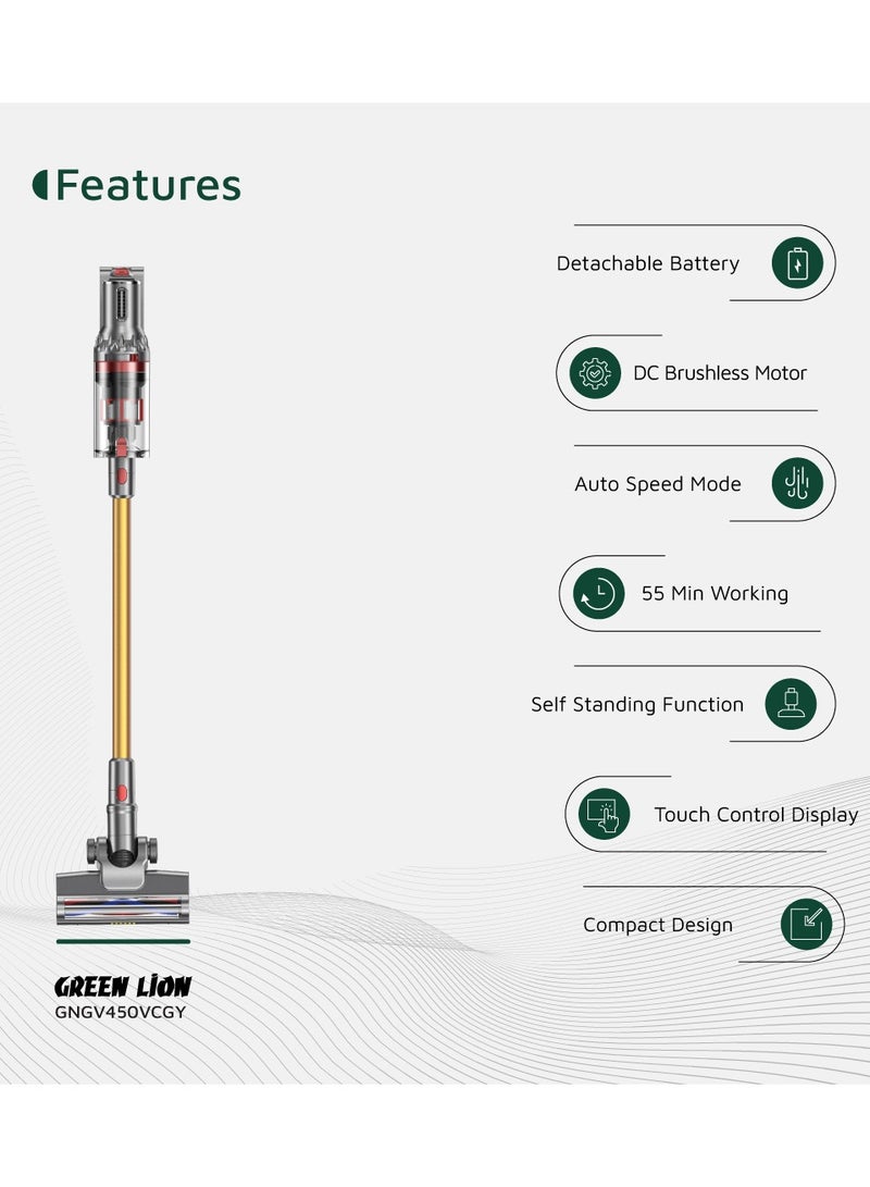 GREEN LION Cordless 800mL Vacuum Cleaner 450W with 4-Mode Cleaning & 35kPa Suction Power / LED Lighting / 2 in 1 Upholstery Brush / Self-Standing Function / Touch Control Display / DC Brushless Motor / Hepa Filters - Gray & Gold - Image 2