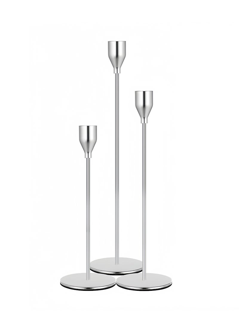 Candle Holders Set of 3 for Taper Candles, Decorative Candlestick Holder for Wedding, Dinning, Party, Fits 3/4 inch Thick Candle&Led Candles (Metal Candle Stand) (Silver) - Image 1