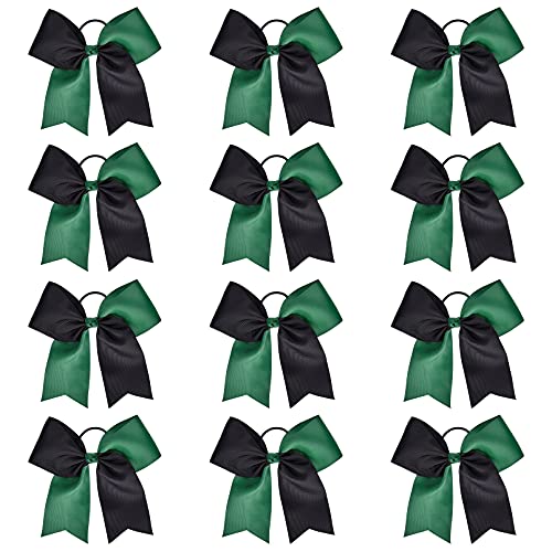 DEEKA 12PCS 8 Two Toned Large Cheer Hair Bows Ponytail Holder Handmade for Teen Girls Softball Cheerleader Sports Forest GreenBlack - Image 1