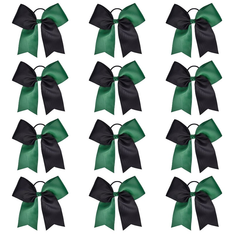 DEEKA 12PCS 8 Two Toned Large Cheer Hair Bows Ponytail Holder Handmade for Teen Girls Softball Cheerleader Sports Forest GreenBlack - Image 2