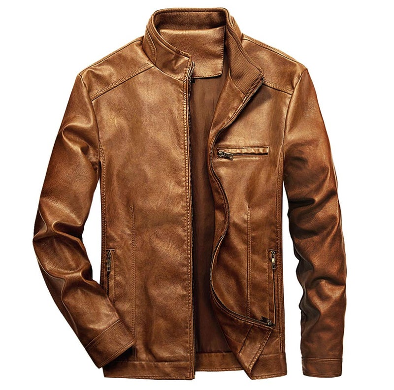 Generic WULFUL Men's Stand Collar Leather Jacket Motorcycle Lightweight Faux Leather Outwear, Brown, L - Image 1