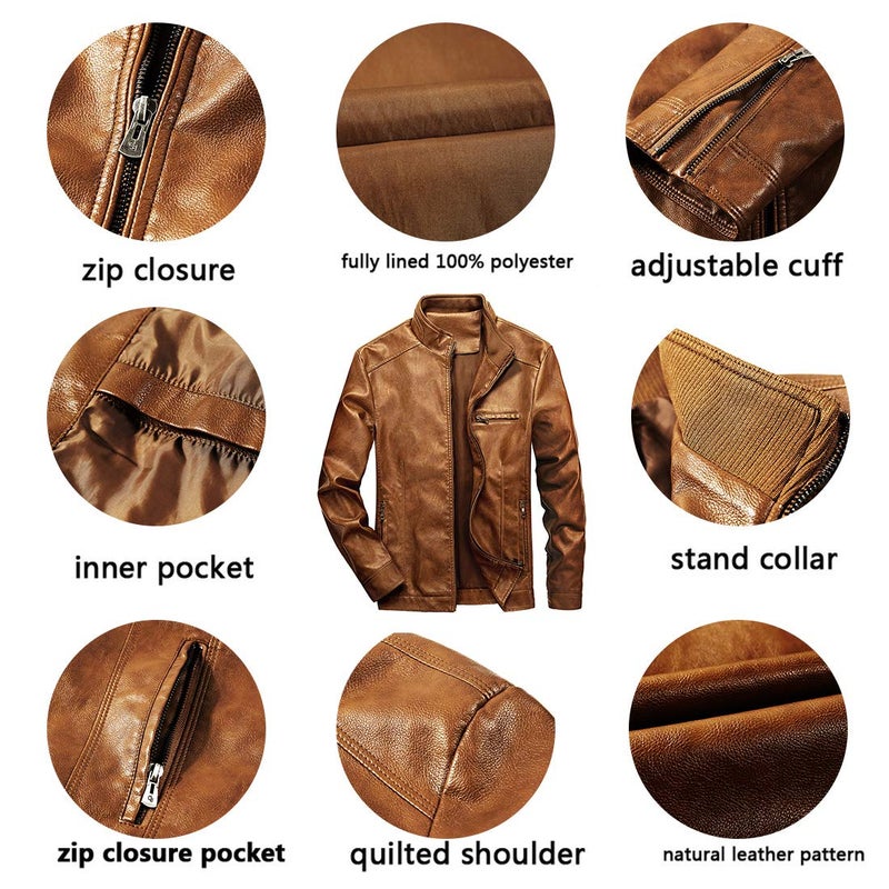Generic WULFUL Men's Stand Collar Leather Jacket Motorcycle Lightweight Faux Leather Outwear, Brown, L - Image 2