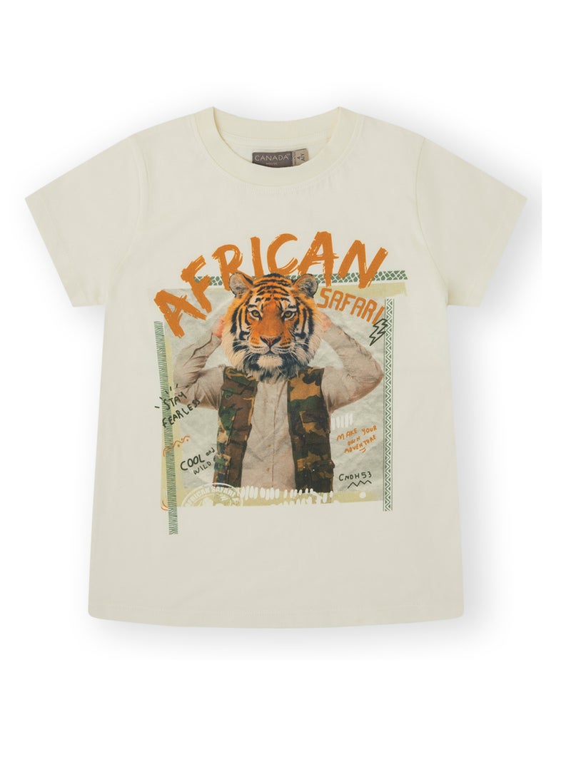 CANADA HOUSE - Soft and Comfortable Ecru 100% Organic Cotton T-shirt for Boys - Image 1