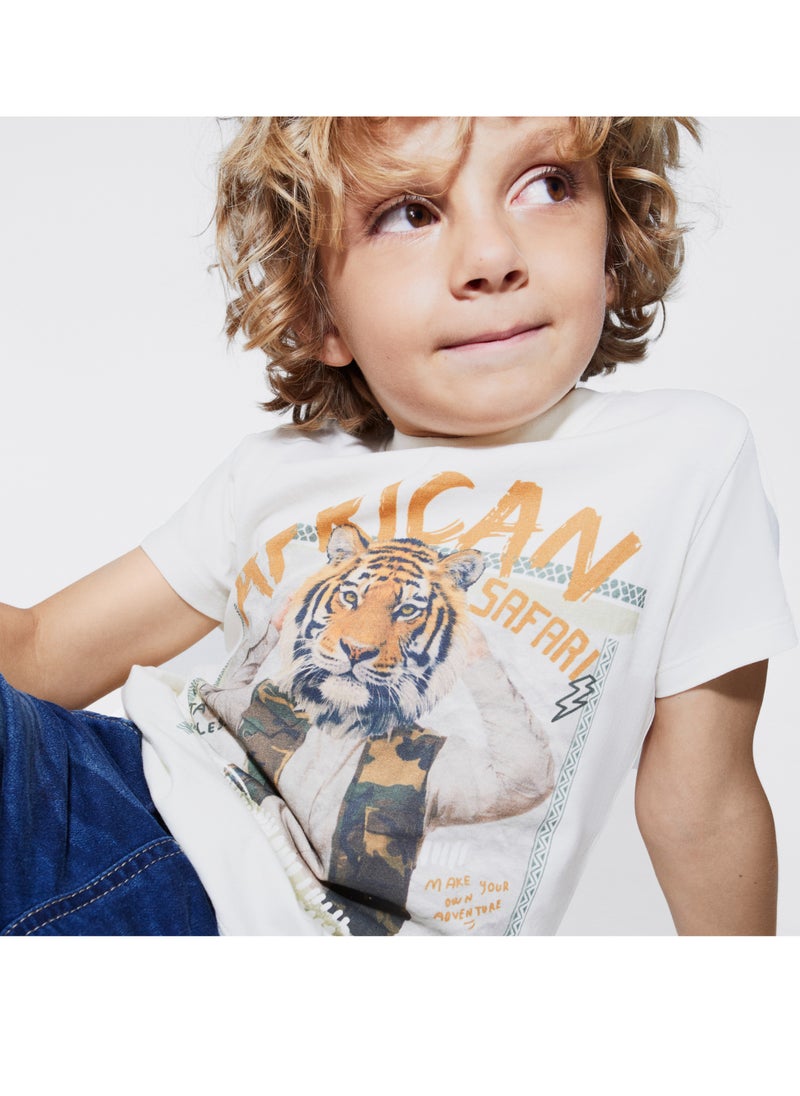 CANADA HOUSE - Soft and Comfortable Ecru 100% Organic Cotton T-shirt for Boys - Image 1