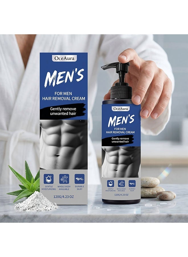 OceAura Hair Removal Cream for Men,Face and Body Beard Hair Removal Cream,Effective and Painless Depilatory Cream,Use on Chest,Back,Arm,Leg and Underarm（120g） - Image 1