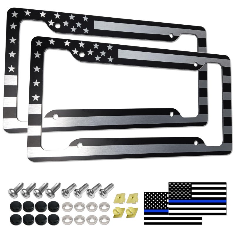 Aootf American Flag License Plate Frame- Patriotic USA Car Tag Cover, 2 Pack 4 Hole Thin Matte Black and White Heavy-Duty Aluminum Holder for Front/Rear, Stainless Steel Screws, Caps, Coaster, Decal