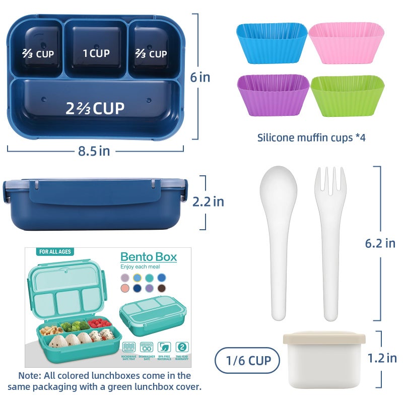 QQKO Bento Box Adult Lunch Box, Lunch Containers for Adults Men Women, Kids Lunch Boxes for School with 4 Compartments, Sauce Container, Utensils and Muffin Cups, Navy - Image 2