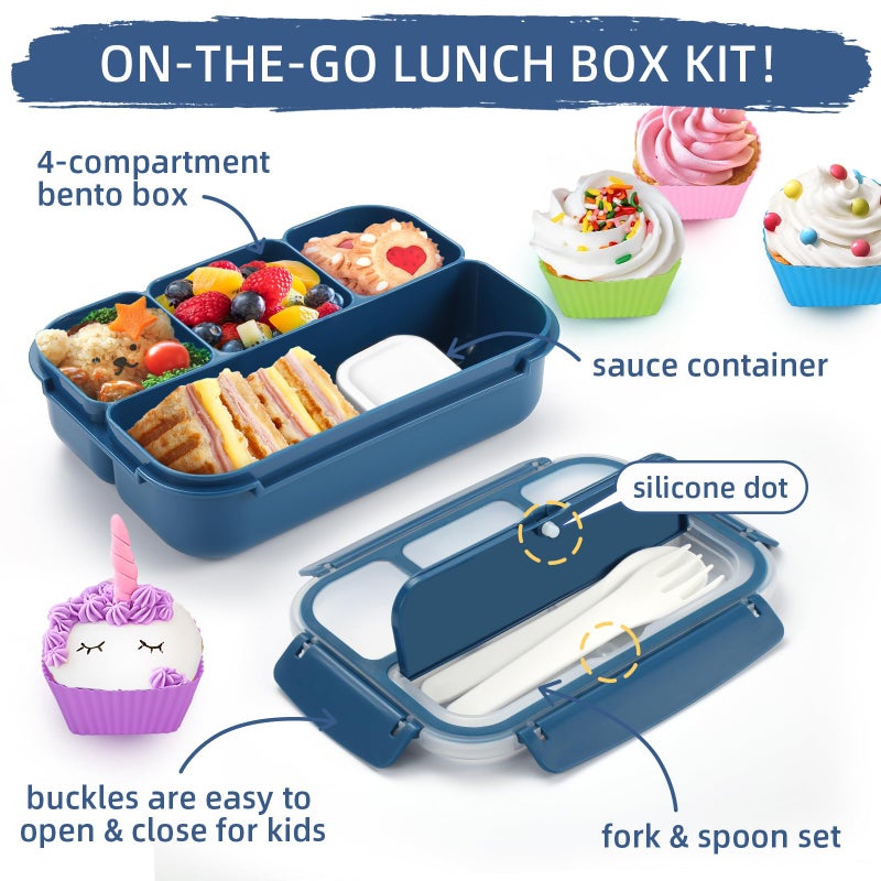 QQKO Bento Box Adult Lunch Box, Lunch Containers for Adults Men Women, Kids Lunch Boxes for School with 4 Compartments, Sauce Container, Utensils and Muffin Cups, Navy - Image 3