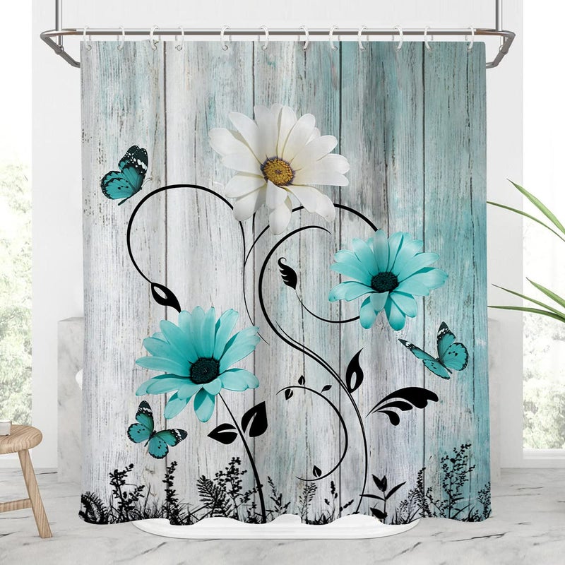 AAtter Teal Shower Curtain Rustic Farmhouse Aqua Turquoise Daisy Butterfly Blue Floral Flower Farm Wood Wooden White Country Black Vintage Antique Home Bathroom Decor Bathtub Set 60x72 Retro