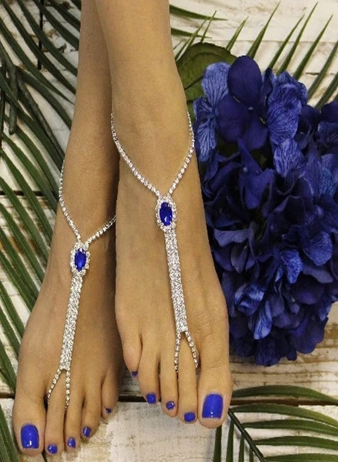 Chargances Boho Crystal Foot Chain with Toe Ring Blue Rhinestone Barefoot Sandals Ankle Bracelet Beach Wedding Tennis Ankle Chain Jewelry for Women(1 Pair) (Blue) - Image 2