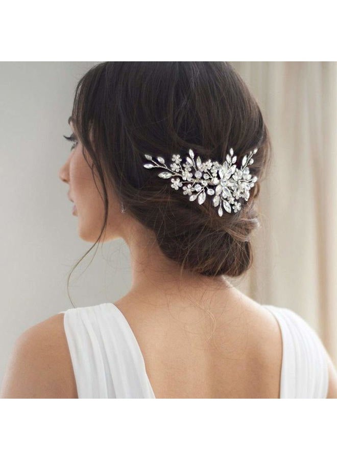 Unsutuo Crystal Bride Wedding Hair Comb Silver Rhinestone Flower Bridal Hair Pieces Pearl Wedding Hair Accessories for Women and Girls… (Silver) - Image 3