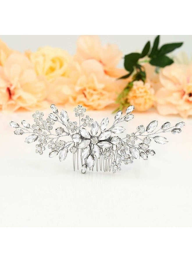 Unsutuo Crystal Bride Wedding Hair Comb Silver Rhinestone Flower Bridal Hair Pieces Pearl Wedding Hair Accessories for Women and Girls… (Silver) - Image 2