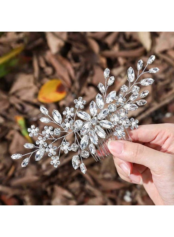 Unsutuo Crystal Bride Wedding Hair Comb Silver Rhinestone Flower Bridal Hair Pieces Pearl Wedding Hair Accessories for Women and Girls… (Silver) - Image 1