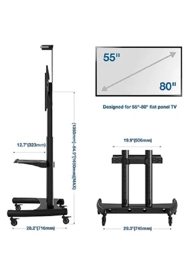 Mobile TV Cart Rolling TV Stand with Lockable Wheels for 55 to 80 Inch Plasma LCD LED Flat or Curved Screen TVs up to 100lbs - Height Adjustable (55-80 inch) Black - Image 5