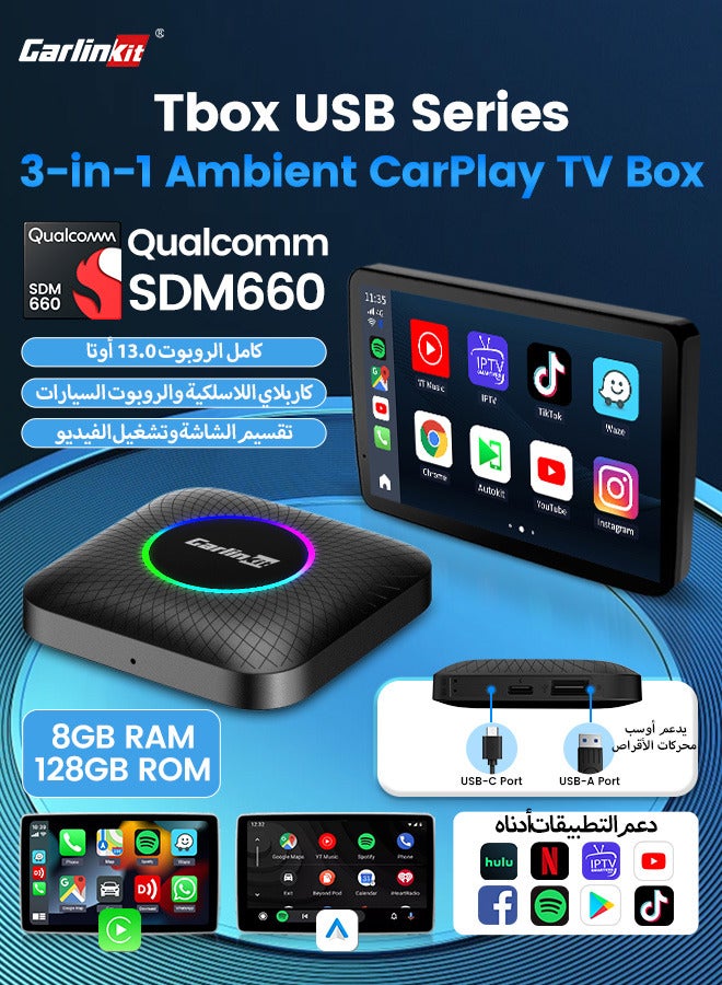 Carlinkit Tbox USB Series CarPlay AI Box with Qualcomm SDM660, Android 13, 8GB RAM, 128GB ROM, Wireless CarPlay & Android Auto, Supports USB-A Drives for Music & Video Playback - Image 1