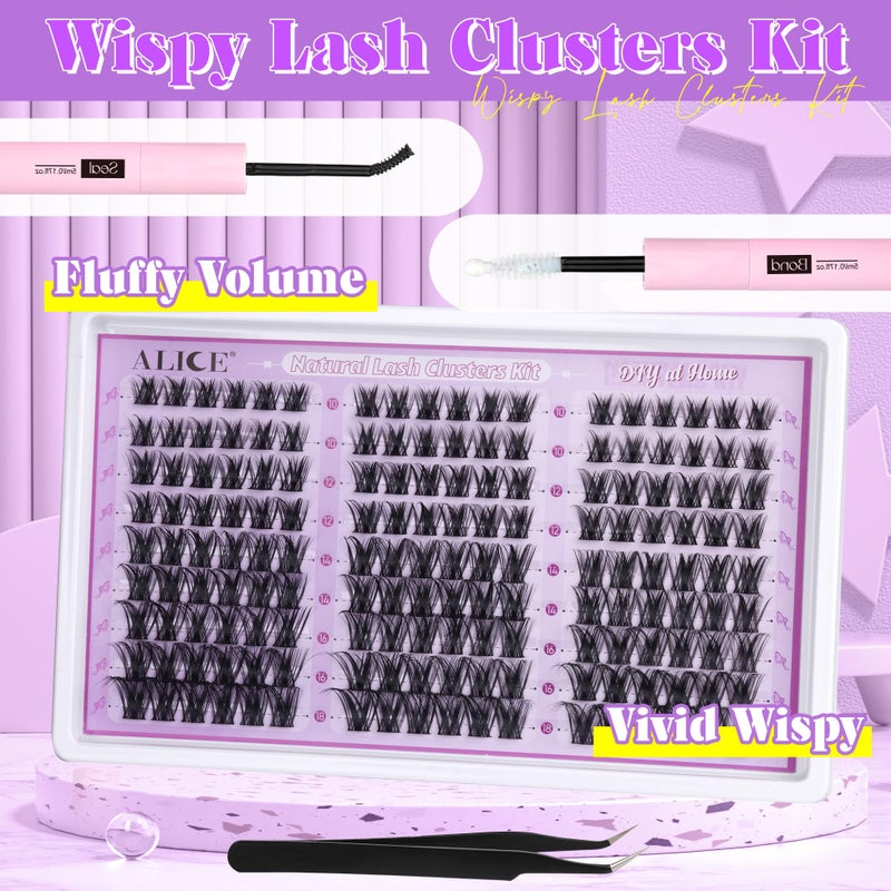ALICE Wispy Lash Clusters Kit Natural Fluffy Lash Extension Kit Cluster Eyelash Extension Kit 162pcs C Curl 10-18mm Eyelash Clusters with Lash Glue Bond and Seal Lash Tweezers - Image 5