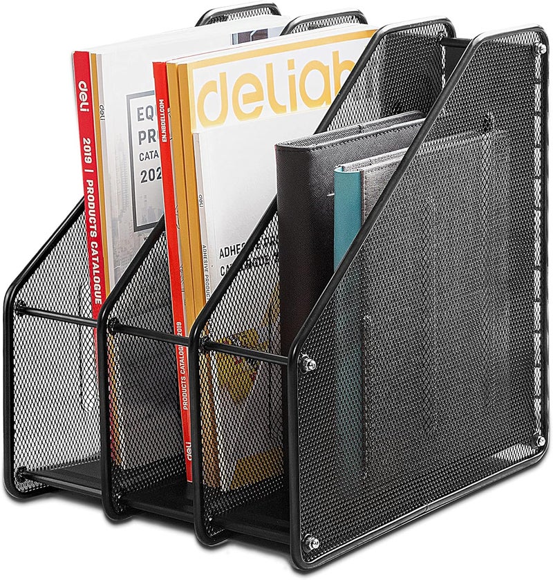Deli Mesh Magazine File Holder, Desk Organizer File Folder Document Rack for Office Organization and Storage, 3 Vertical Compartments, Black - Image 1