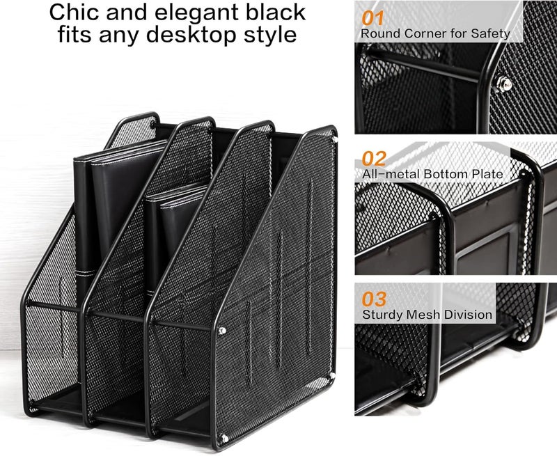Deli Mesh Magazine File Holder, Desk Organizer File Folder Document Rack for Office Organization and Storage, 3 Vertical Compartments, Black - Image 5