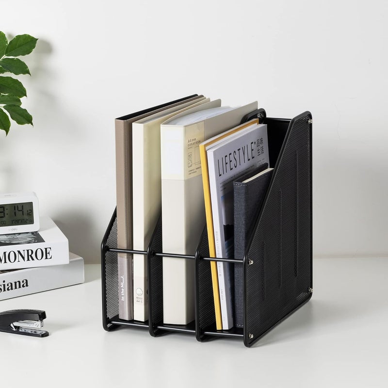 Deli Mesh Magazine File Holder, Desk Organizer File Folder Document Rack for Office Organization and Storage, 3 Vertical Compartments, Black - Image 2