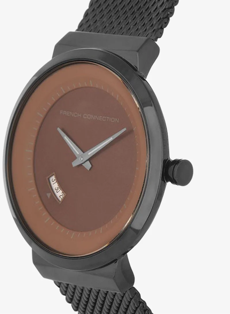 فرنش كونكشن Brown Dial Black Stainless Steel Mesh Analog Watch for Men 42mm