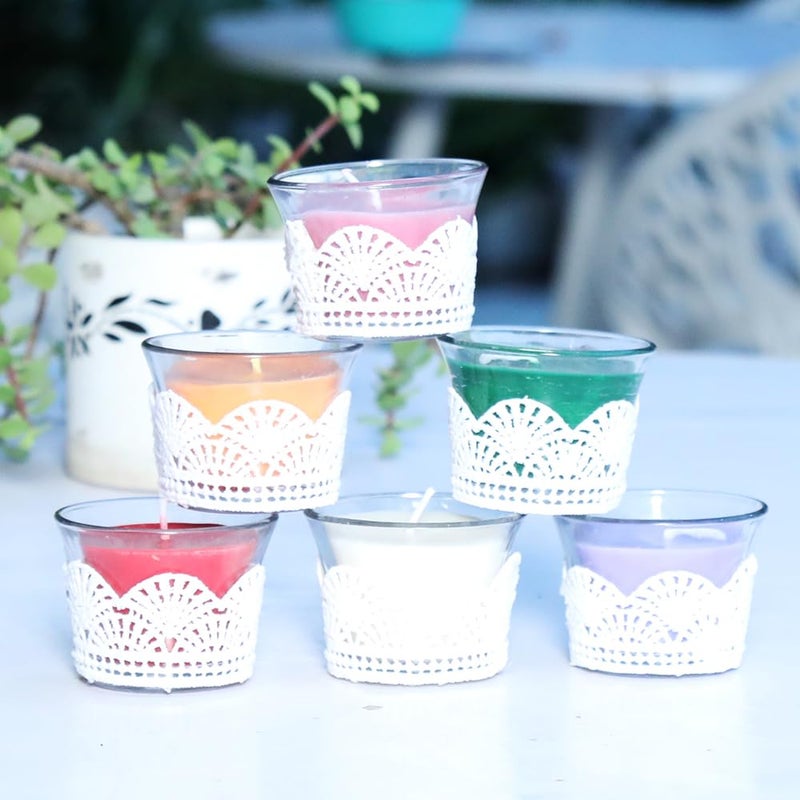 Kaameri Bazaar Set of 6 Highly Fragranced Rose Lavender Lemongrass Jasmine Tea Tree Rosemary Laces Glass Butter Pot Candles Gift for Diwali for Employees - Image 1
