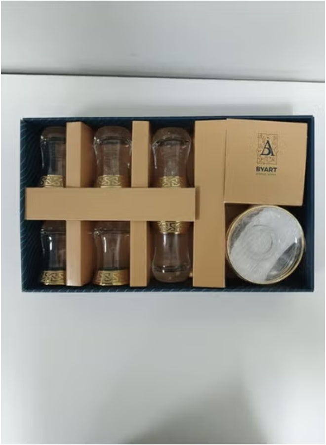 BYART Clear Glass Cup and Saucer Set with Gold Accent – 12 Pieces - Image 1