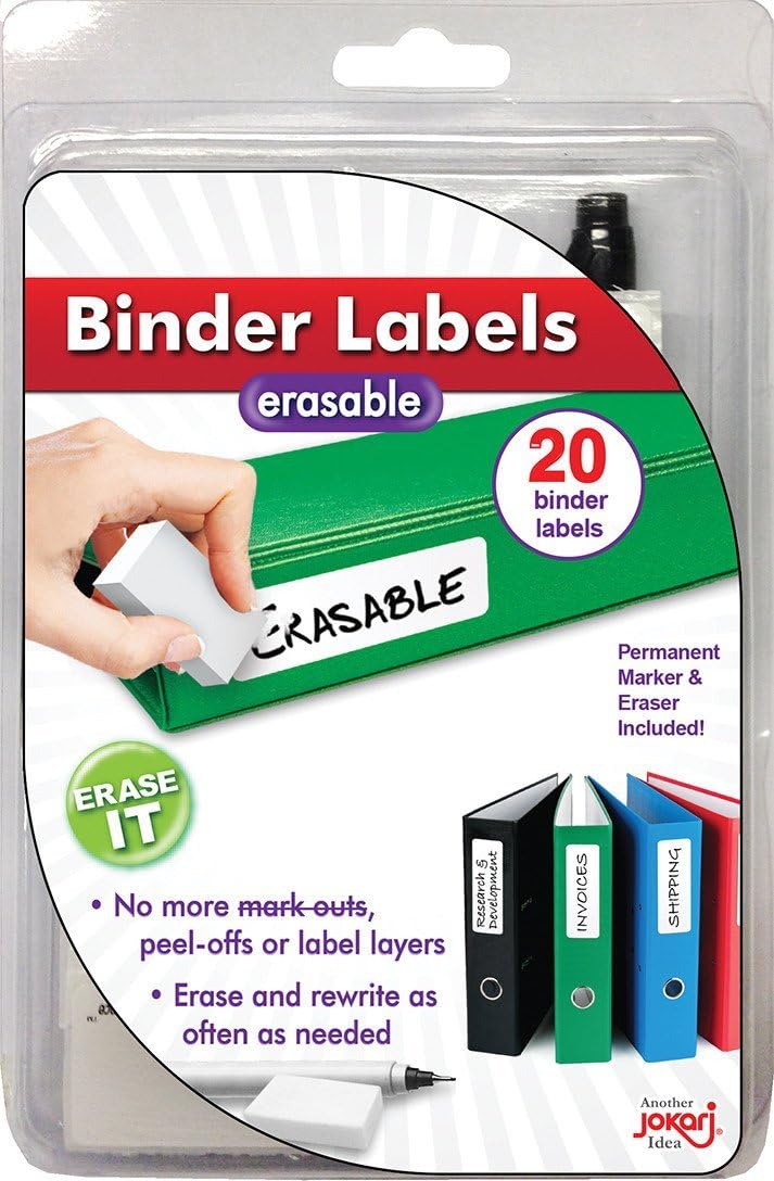 Jokari Erasable Reusable Office and School Binder Labels, 3.4 x 1 Inch. Kit Includes 20 Pack of Stickers with Fine-Tipped Permanent Marker and Eraser - Image 1