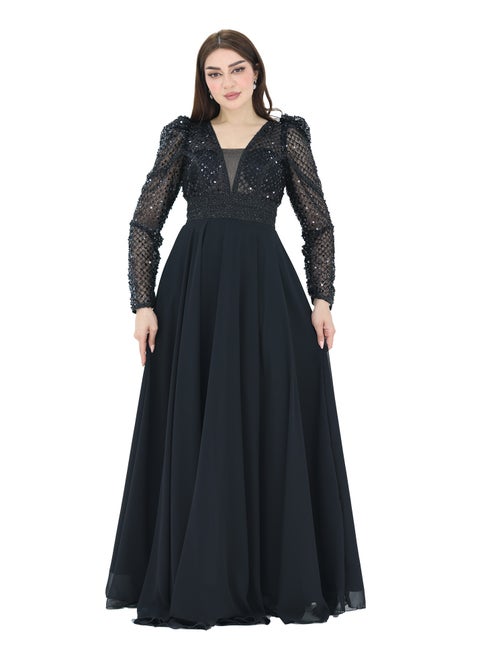A royal evening dress with transparent sleeves embroidered in luxurious royal black and an elegant and sophisticated V-cut design that combines elegance and beauty and adds a touch of magic to your ap