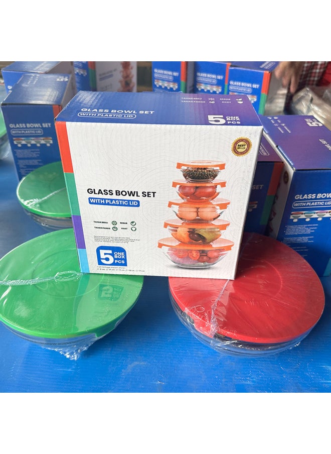 Generic - Direct 808 Bowl Fresh Bowl Five-piece Set With Lid Fresh Bowl Square Glass Pot Promotional Gift Bowl Wholesale-Specifications:Transparent-Color:Five-piece Fresh-keeping Bowl Set: 16 Sets/box - Image 1